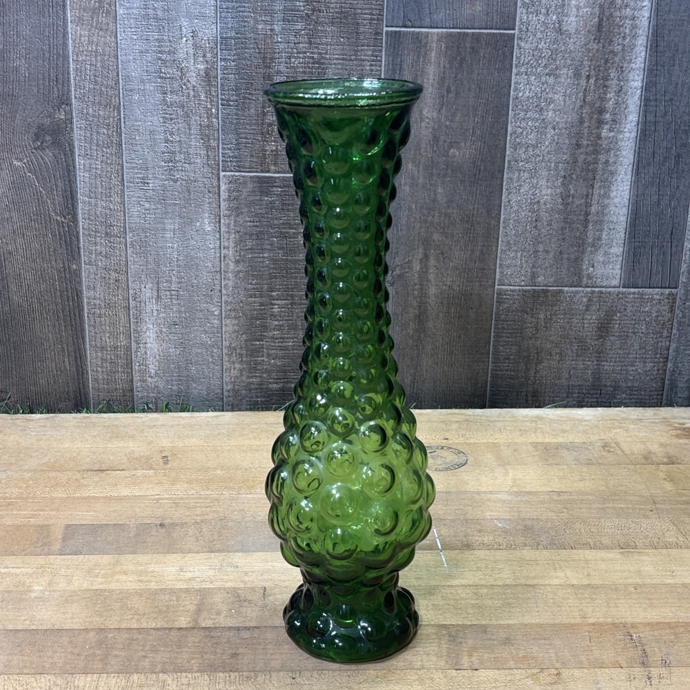 Vintage MCM Empoli Style Emerald Green Hobnail Bubble Glass Vase Italian